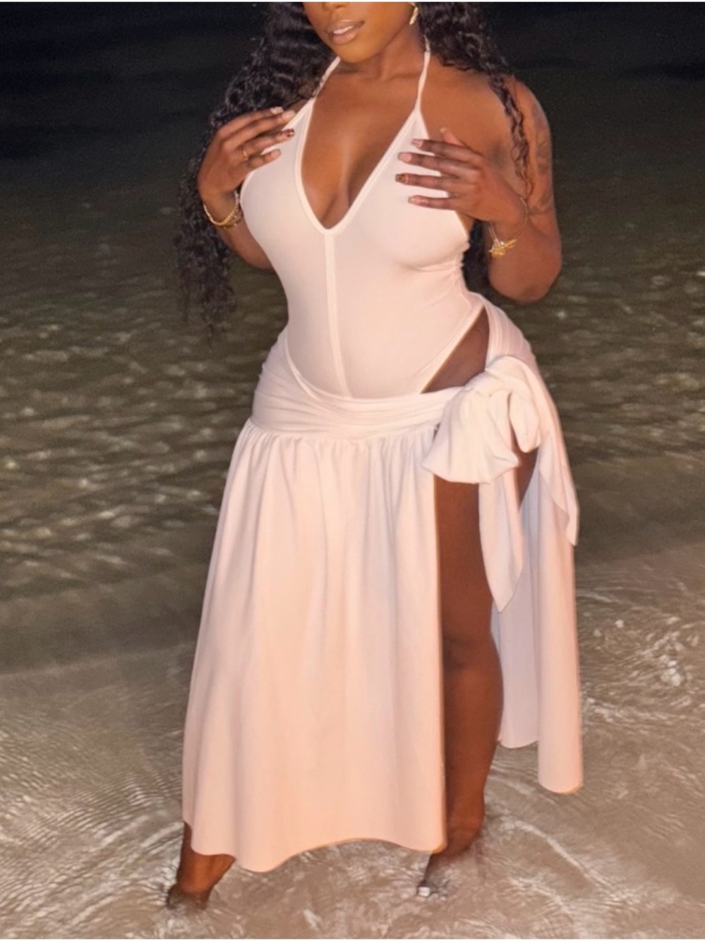 Plunge Halter Top with Side Tie Skirt